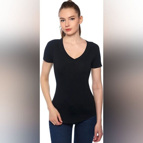 AmélieBoutik Women Slim Fit Chest Pocket Shirt V Neck Short Sleeve Basic Top L - Picture 1 of 10